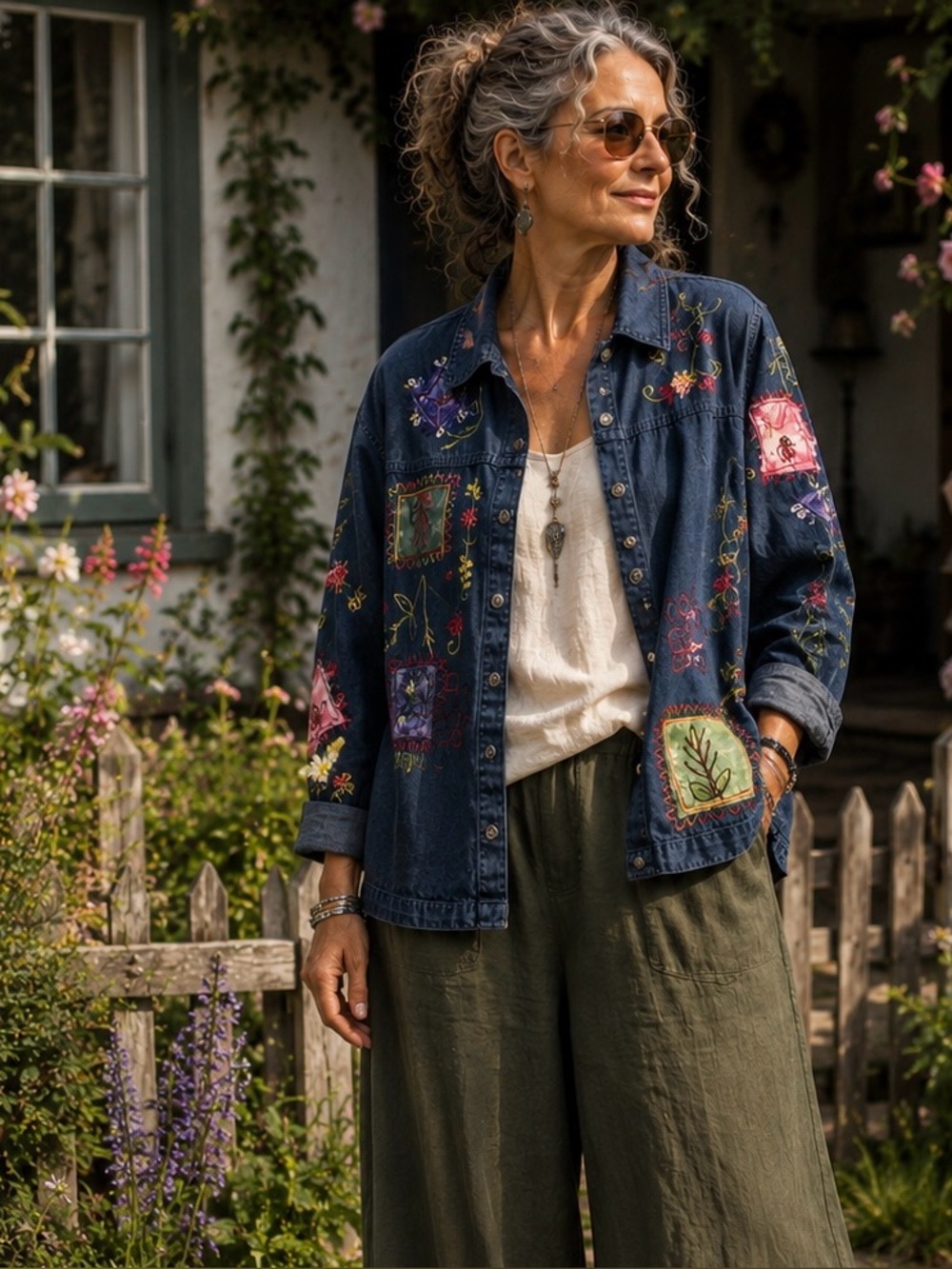 Vintage 90s Breckenridge  Embroidered Denim Shirt Jacket 2X Floral Patchwork